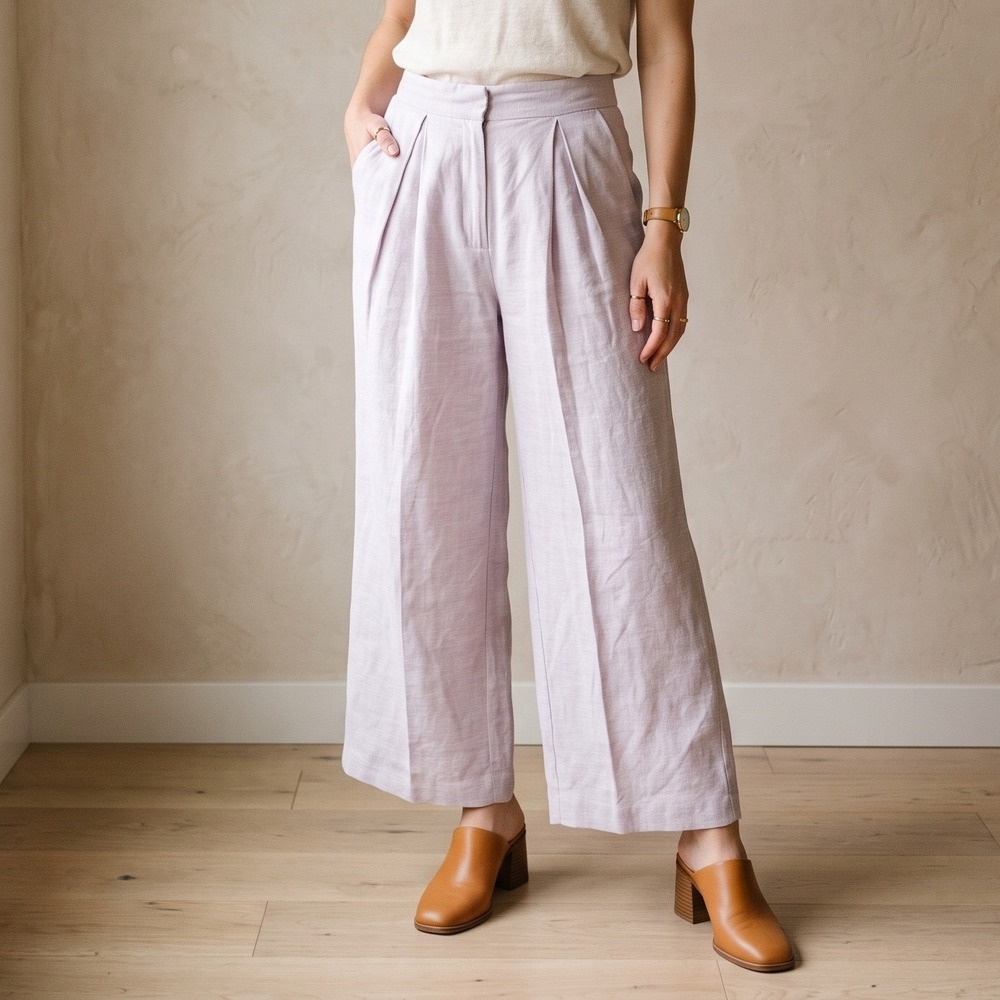 8 BY YOOX Women Pants 42 Lavender Pleated Wide Leg Cotton Linen Blend 14337